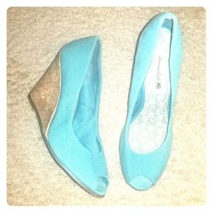 Cloth peep toe wedge- turquoise